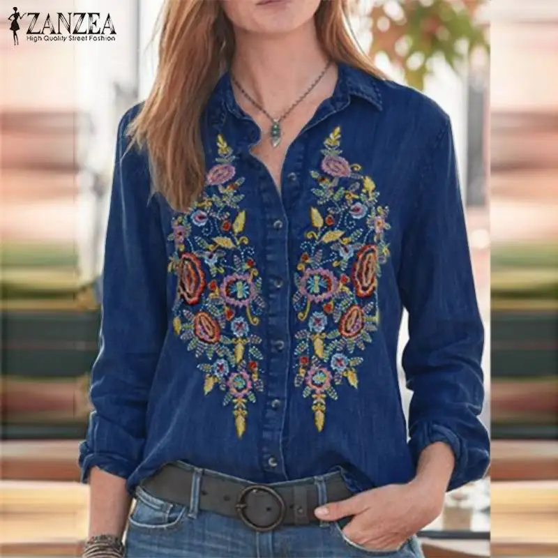 Джинсовая рубашка с цветочной вышивкой ZANZEA, осень, модная туника, топы для женщин, Повседневная рубашка с лацканами, с длинным рукавом, офисная блузка, Blusas