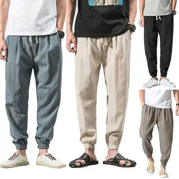 

Plus Size Solid Color Men Ankle Tie Harem Pants Drawstring Cotton Linen Trousers Harem Pants Drawstring Cotton Linen Trousers
