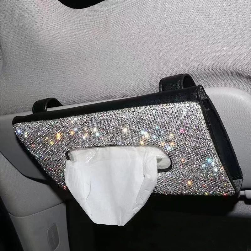 Bling Crystal Car Tissue Box Sun Visor Multi-function Diamond Leather Tissue Box Paper Holder Cover Sunvisor Hanging Napkin Box