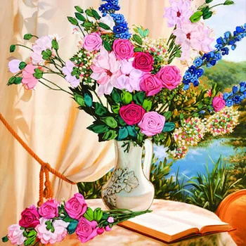 

73X62cm Rose Flower DIY 3d Cross Stitch Kit Needlework Unfinished Ribbon Embroidery Painting Stitching Gift Home Wall Decoration