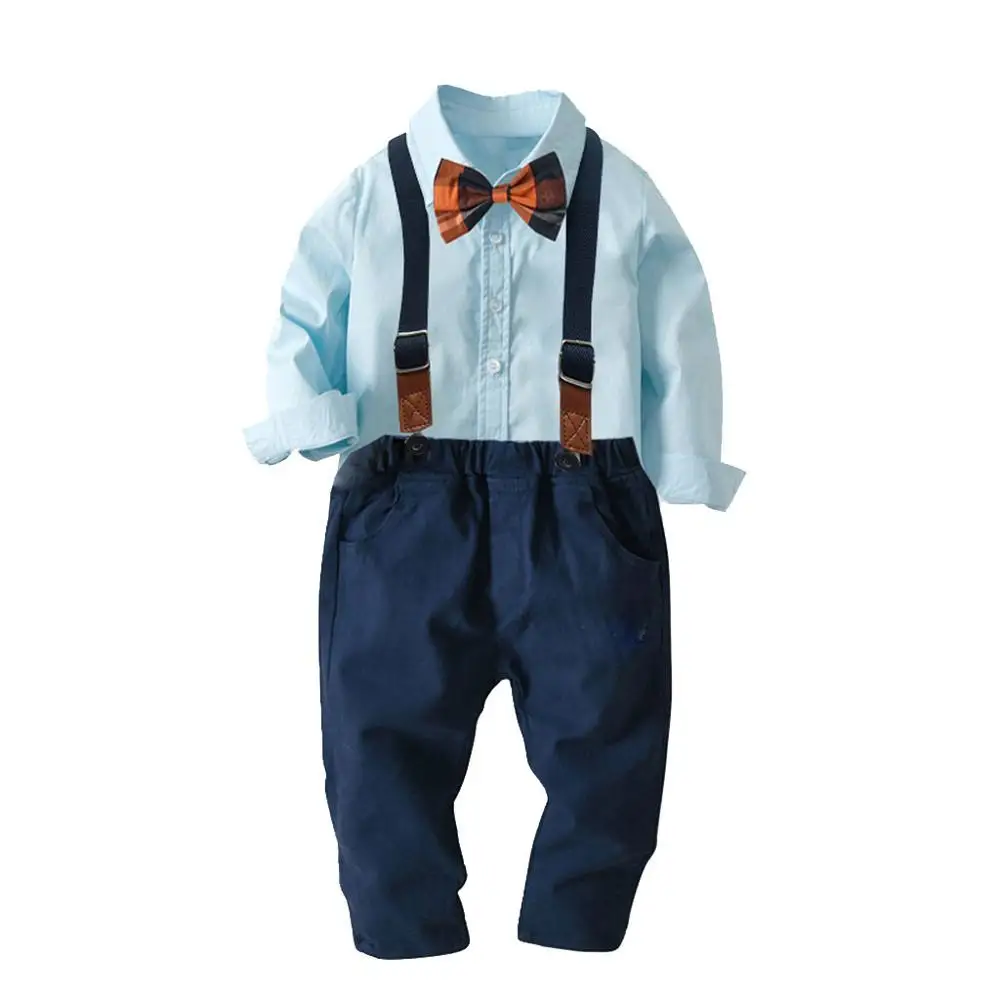 Light Blue Clothes Одежда для маленьких мальчиков; Милые однотонные топы с длинными рукавами и бантом для маленьких джентльменов; футболка; брюки; комбинезон; повседневная одежда; детская одежда - Цвет: Light Blue Clothes