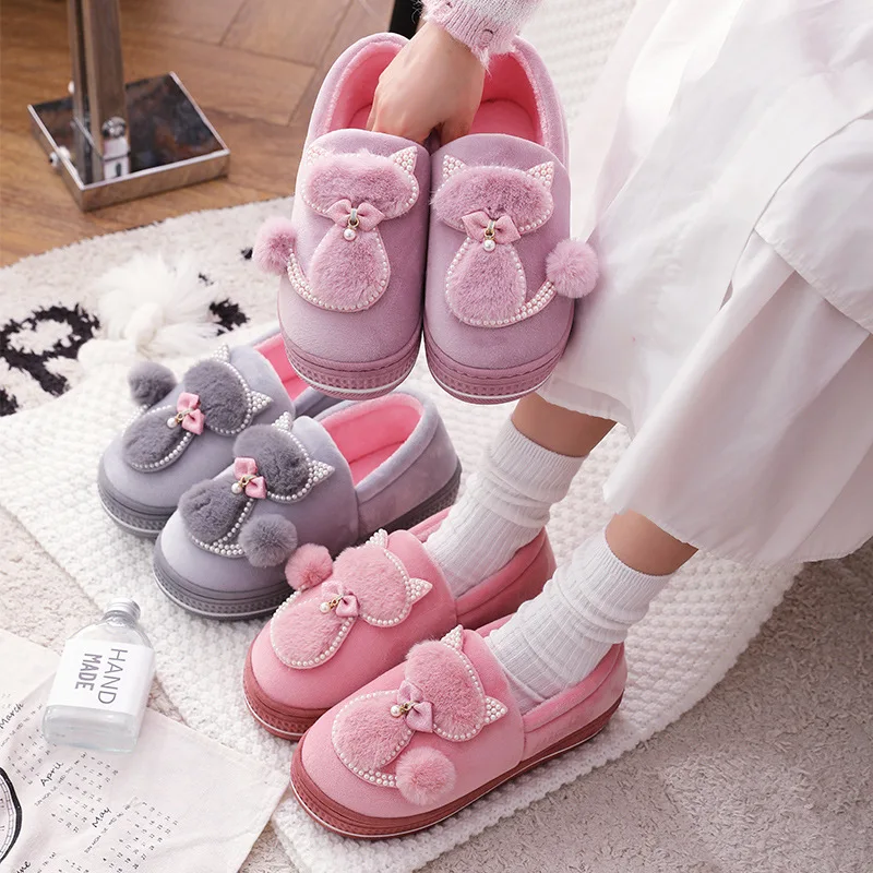 Pearl Winter Felt Slippers Women Indoor Home Shoes Warm Soft Platform Shoes Furry Slides Cotton Home Shoes Floor Slipper Snow