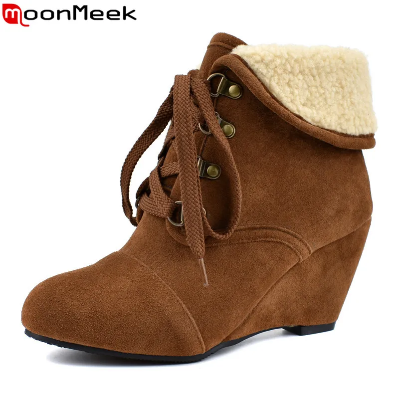 

MoonMeek keep warm winter snow boots women round toe lace upladies ankle boots short high heels shoes wedges boots 2020 new
