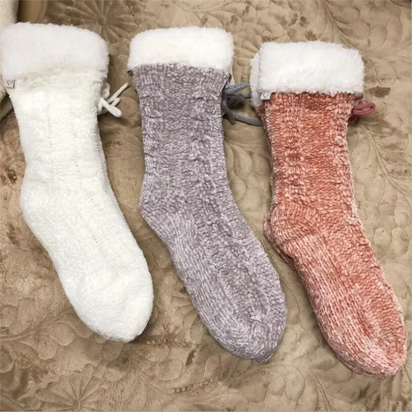 Женские однотонные зимние носки из синели; шлепанцы на толстой подошве; носки из пушистого флиса; гольфы для девочек; домашние носки; носки-Тапочки