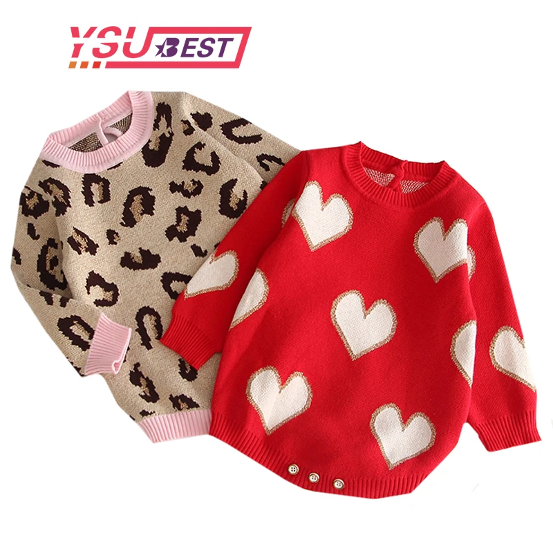 

Baby Girls knit Rompers Long Sleeve Knitted Rompers Leopard Baby Princess Triangle Jumpsuit Toddler Kid's Autumn Winter Clothing