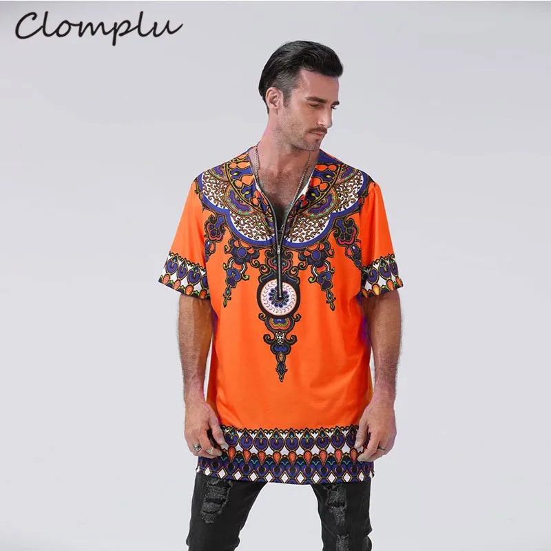 Оранжевый Clomplu африканская Дашики Свободная Повседневная футболка африканская мужская одежда модная футболка с принтом Дашики короткий рукав Этническая Одежда - Цвет: Оранжевый