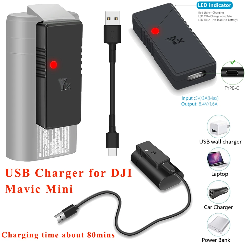 Hot Sale QKZ For DJI Mavic Mini Battery USB Charger LED Indicator Portable Mini Charger Charging Hub for DJI Mavic Mini Drone Accessories 