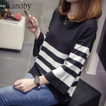 

Plus Size Knitted Thin Tops T Shirts Women Summer Novelty Loose Striped Three Quarter Flare Sleeve Split Oversize Female T-shirt