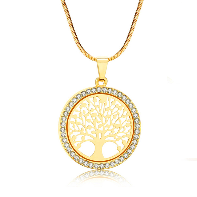 Round Hollow Tree of Life Pendant Necklace For Women Luxury Gold Color White Crystal Necklace Women Wedding Jewelry