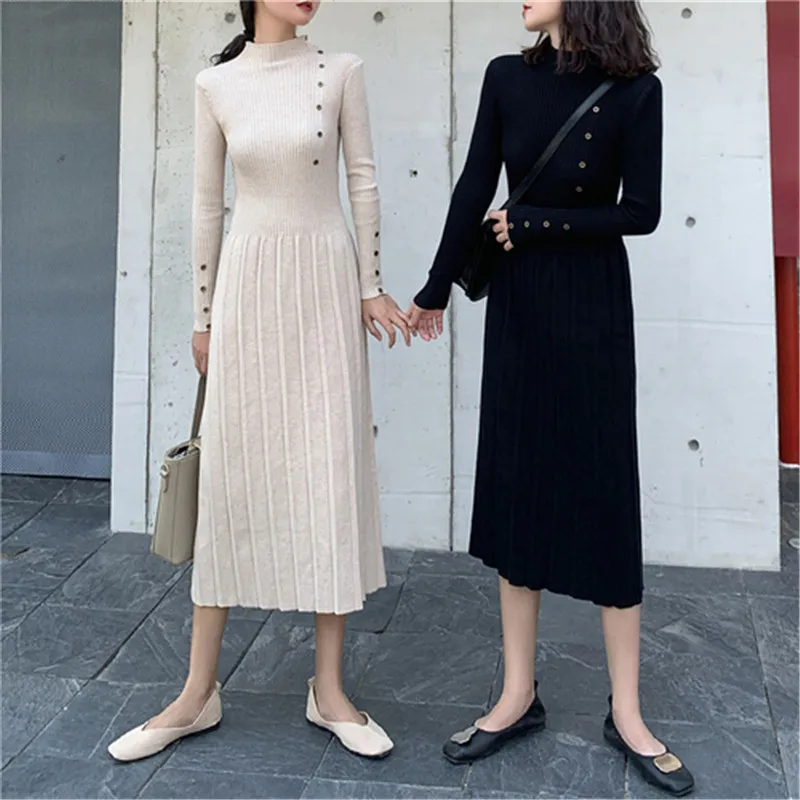 

2019 new high quality summer high quality long sleeve solid color knit dress female Slim vacation A word dress Vestidos