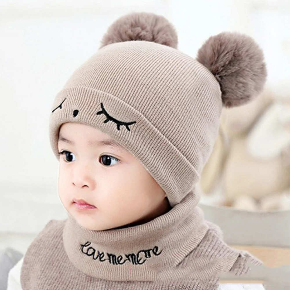 LOOZYKIT Baby Hat Winter 2Pcs Toddler Baby Girls Boys Solid Hat Winter Warm Knitted Beanie Cap+Scarf Keep Warm Set Kids Cap