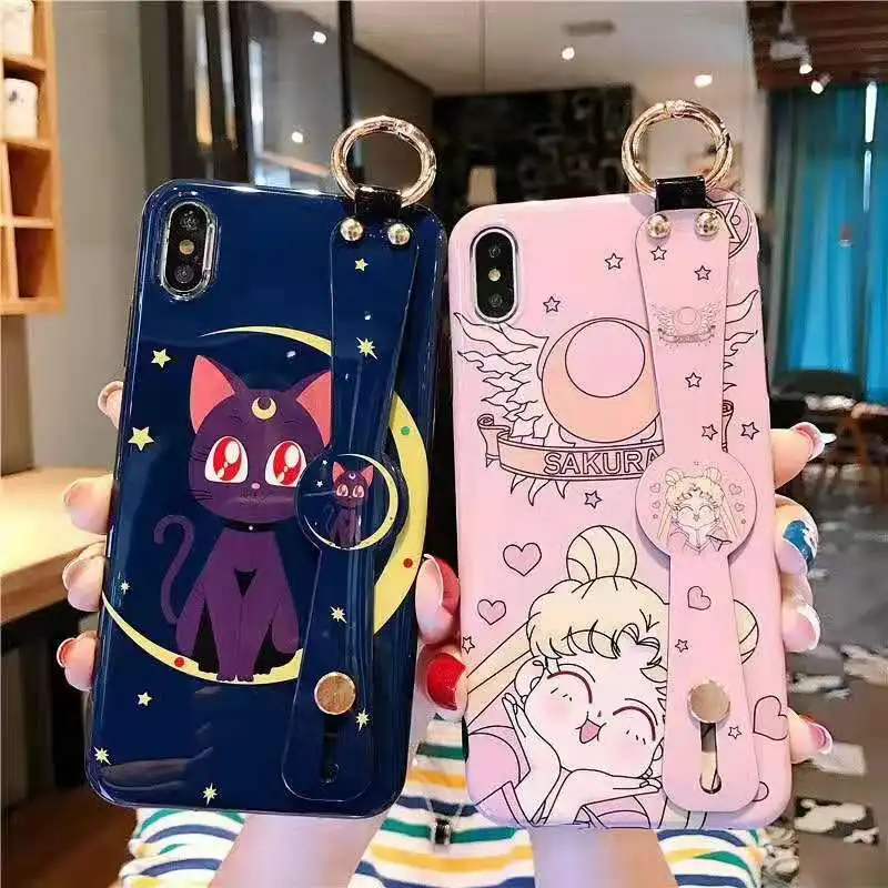 

For iphone XS max Cute Sailor Moon Wrist strap soft Phone Case For iPhone X XR 8plus 7 7plus 6 6S 6p cartoon Cat Shell Cover