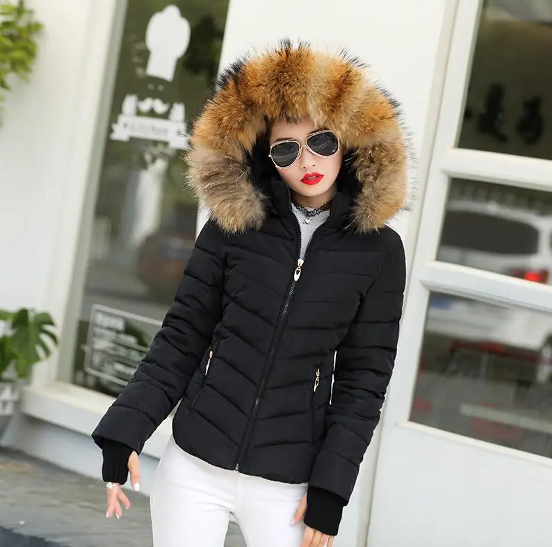 Искусственный меховой воротник, зимняя женская куртка, новинка, модное зимнее пальто, женские парки, теплая зимняя куртка с капюшоном для женщин, большие размеры s-xxl - Цвет: Черный