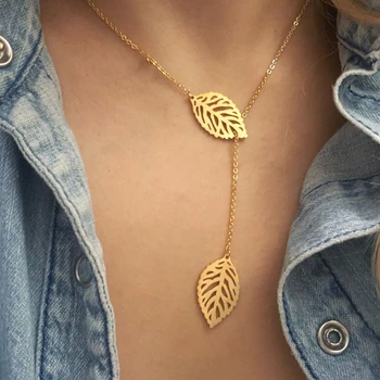 

V Attract Boho Jewelry Gold Ketting Choker Women Stainless Steel Collier Double Leaf Charm Lariat Necklaces & Pendants