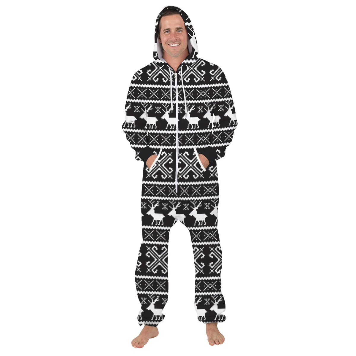 Christmas Blue Elk Print One Piece Jumpsuit Uunisex Jumpsuits Rompers Hooded With Pocket Playsuit Zipper Casual Streetwear