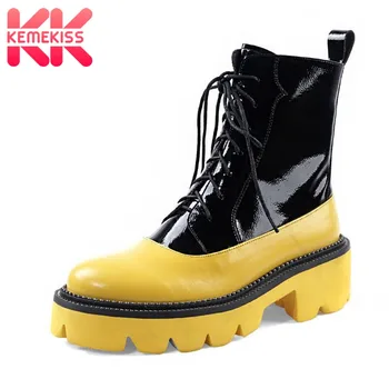 

Women Fashion Mixed Color Genuine Leather Ankle Boots Women Lace Up Thick Bottom Shoes Winter Women Footwear Size 34-42