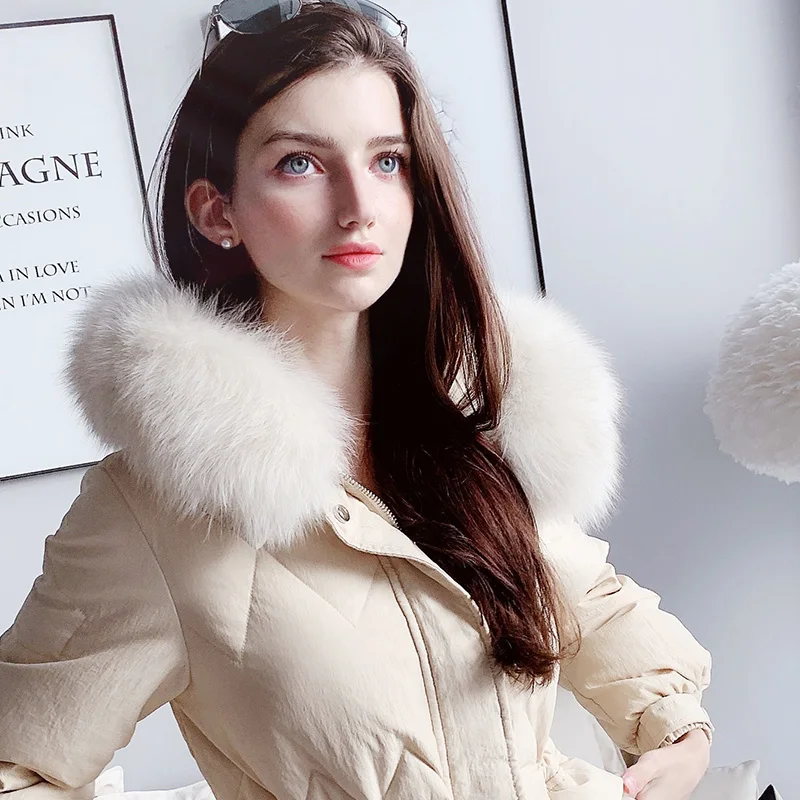 

Dabuwawa Women Winter Long Hooded Down Jacket Coat Real Fox Fur Collar Female Down Padded Parkas Coats Outerwear DN1DDW025