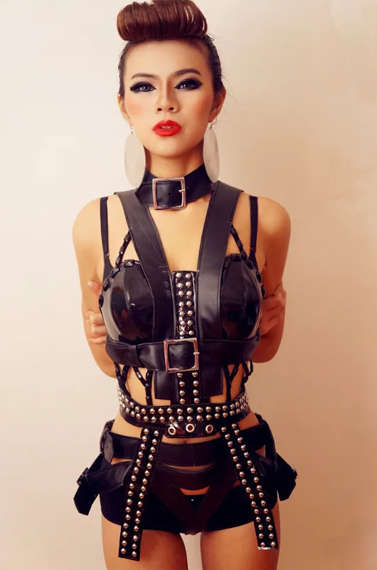 Black Punk Style Rivets Fashion Sexy Luxurious Dance Costumes Set Nightclub Bar Ds Dj Female Singer Dance Performance Stage Wear (2)