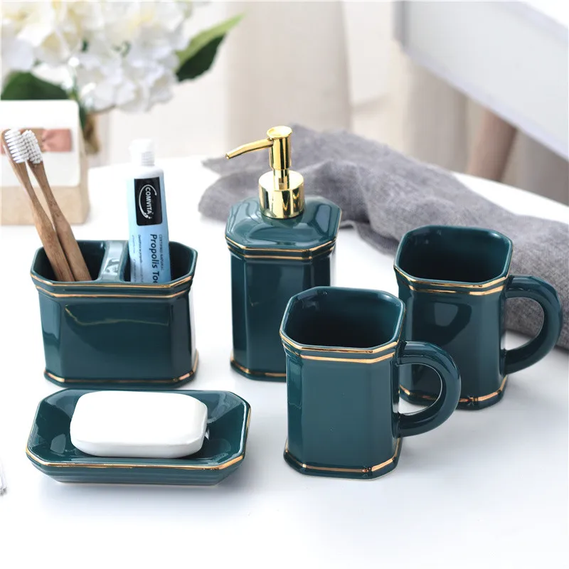 Bathroom Accessories Set Ceramic Liquid Soap Dispenser Toothbrush Rack Gargle Cup Luxury Wedding Gift Birthday Present Orange