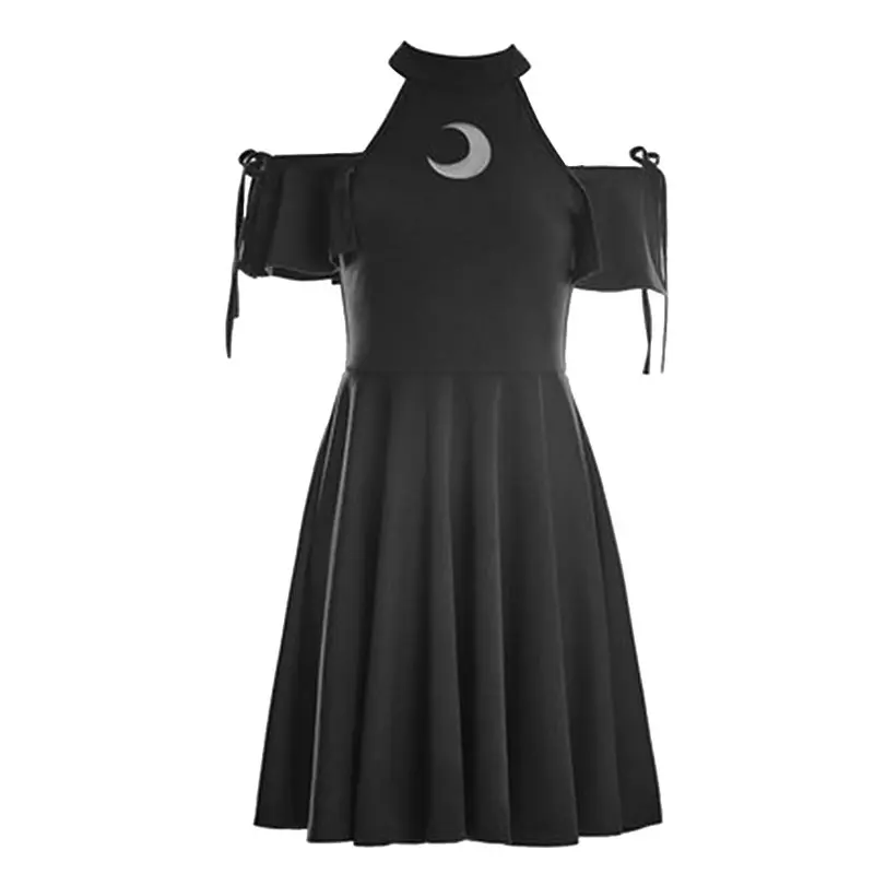 Halter Summer Dress Women Mini Pleated Off Shoulder Black Moon Hollow Lace Up Slim Goth Young Girl Clubwear Sexy Short Dresses | Женская