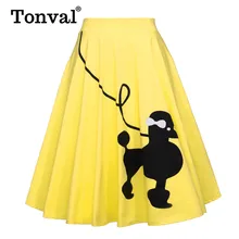 Tonval Стиль Pin Up с милым принтом-собачками винтажные желтые юбки с высокой талией Женская хлопковая трапециевидная Юбка До Колена в стиле ретро Пышная юбка