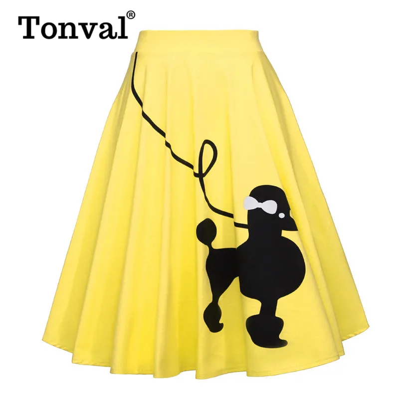 

Tonval Pin Up Style Cute Dog Print Vintage Yellow High Waist Skirts Womens Cotton A Line Knee Length Retro Swing Skirt