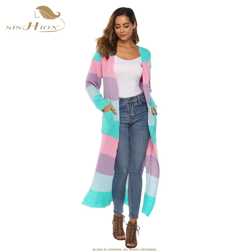 Blue-pink SISHION осенний свитер Женский Плюс Размер полоски контрастного цвета утолщение тонкий кардиган с длинными рукавами SP0313 - Цвет: Blue-pink