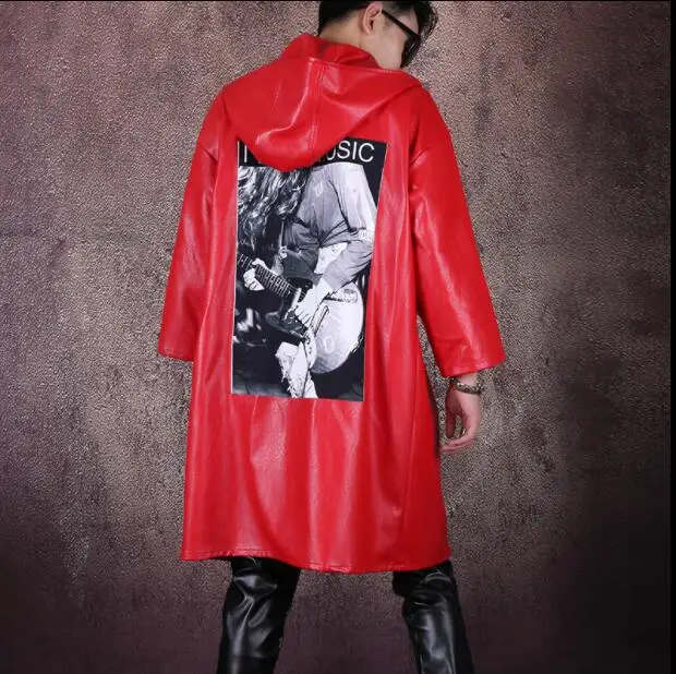 11 S-6XL!Men Red leather windbreaker hoodie PU cape loose hip-hop jacket dance casual coat - Цвет: 11