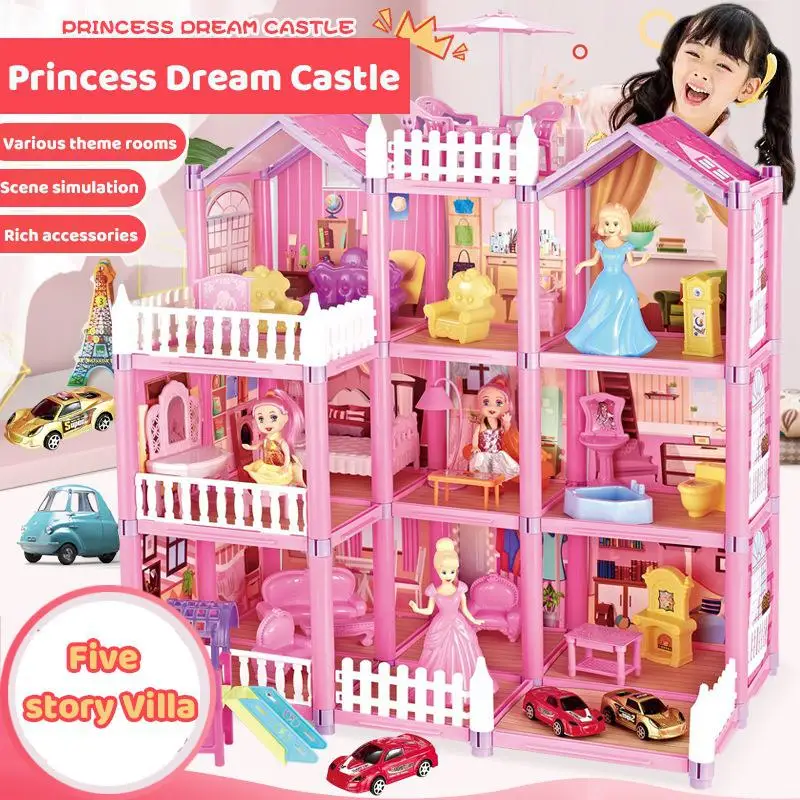

Princess Big Villa 3d Diy Handmade Dollhouses Model Pink Castle Play House With Slide Yard Kit Assembled Doll House Toys Gift