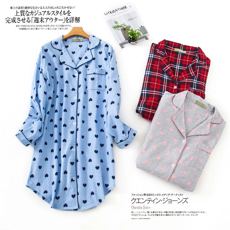 Women's 100% Cotton Flannel Nightshirt Nightdress Boyfriend Sleepwear Sleepshirt 