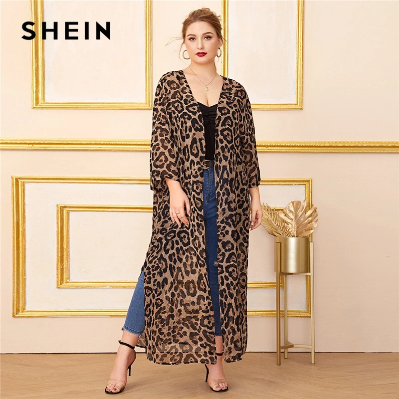 

SHEIN Plus Size Multicolor Split Side Leopard Print Chiffon Kimono Women Summer Autumn Long Sleeve Casual Longline Kimonos