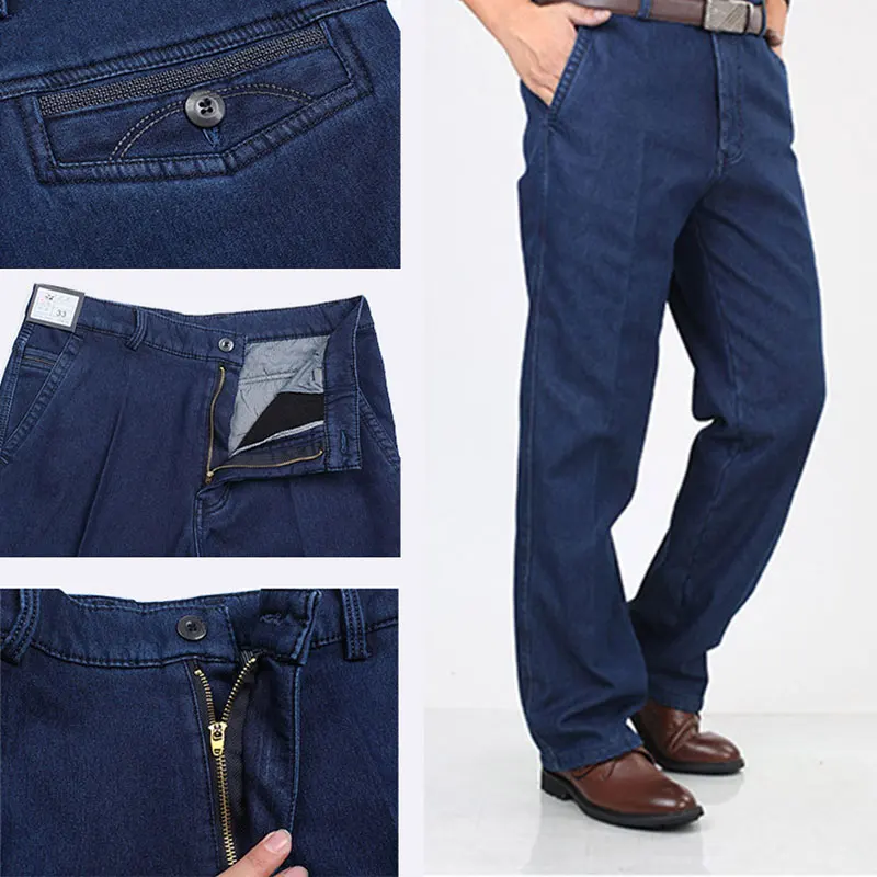 Cena 30 44 zimowe grube polarowe spodnie dżinsowe dorywczo wysokiej talii luźne długie spodnie męskie stałe proste workowate dżinsy dla mężczyzn klasyczne HLX03