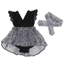 Детское летнее платье-комбинезон с леопардовым принтом для маленьких девочек кружевное комбинированное платье принцессы с рюшами на рукавах+ заколка для волос с бантом