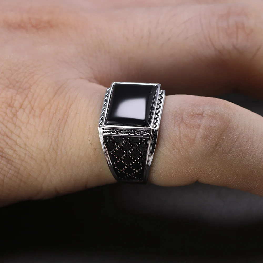 Настоящее Твердое Серебро 925 кольца мужские с черным ониксом винтажный натуральный камень турецкие мужские кольца турецкие ювелирные изделия Anillos Hombre