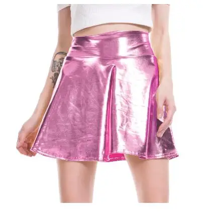 1pcs/lot High Waist PU Skirt Women Casual Gold Skirt Faux Leather Skirt Skater Pleated solid pu skirt summer skirts