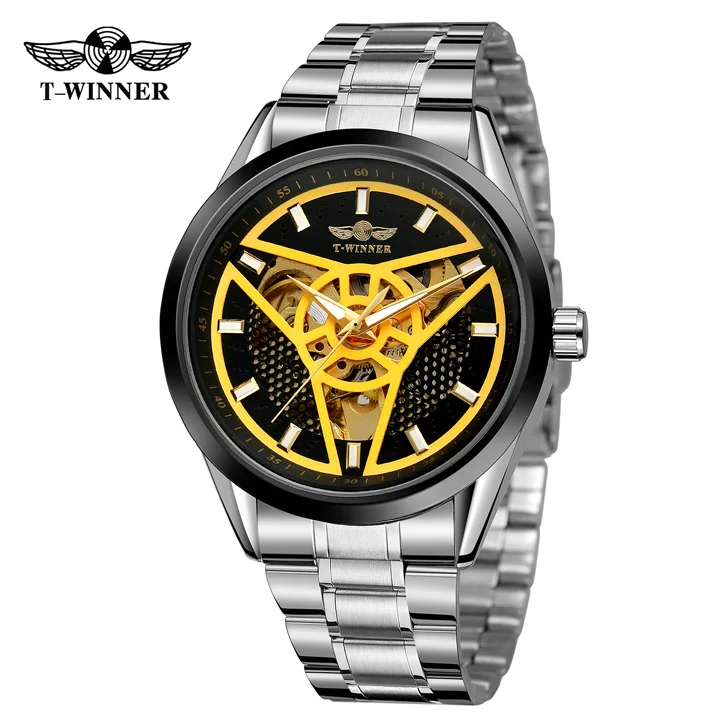 Silver Gold Black T-WINNER Men Watch Top Brand Mens Luxury Automatic Mechanical Watches Fashion Stainless Steel Skeleton Self Winding Wrist Watch - Цвет: Silver Gold Black