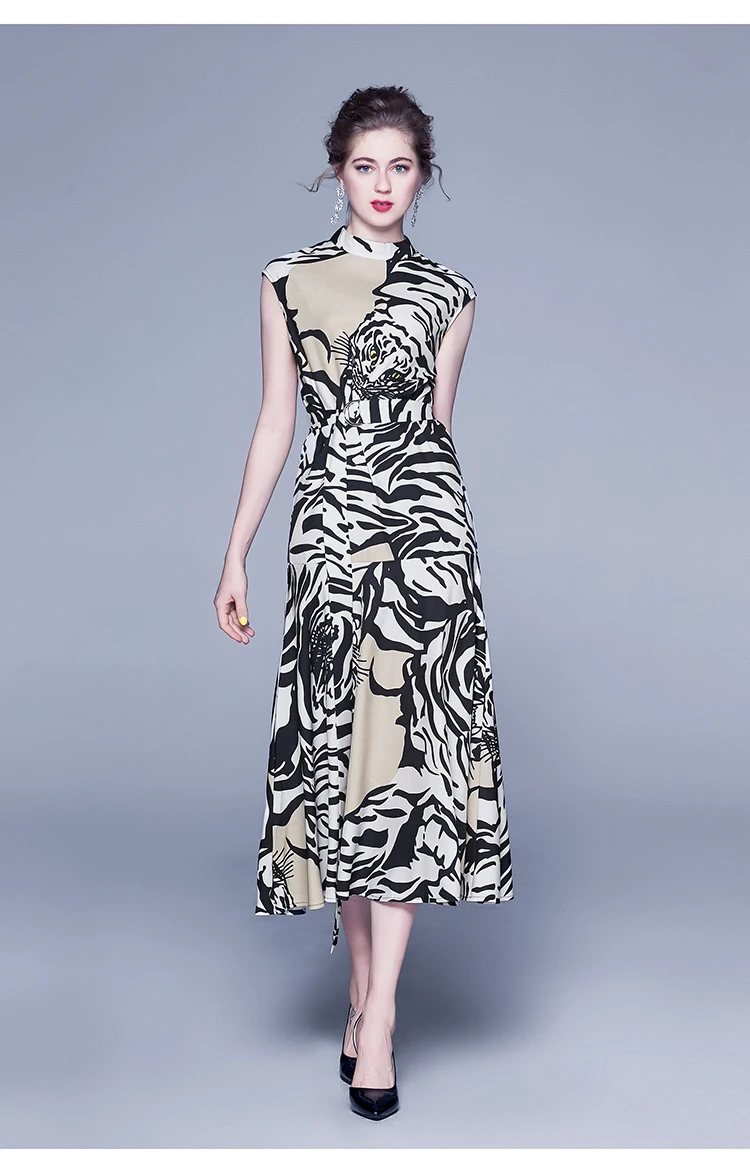 Trytree Summer Women Casual Dress Sleeveless Turtleneck Stripe Belt Dress Fashion Elegant A-line Office Lady Mid-Calf Dress