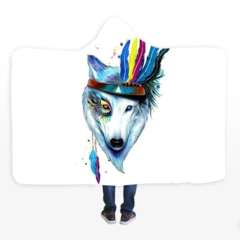 

3D Digital Animal Printed Hooded Blanket Bohemian Tribe Wolf Tiger Lion Fox Fleece Wearable Throw Blanket Hoodies For Adults