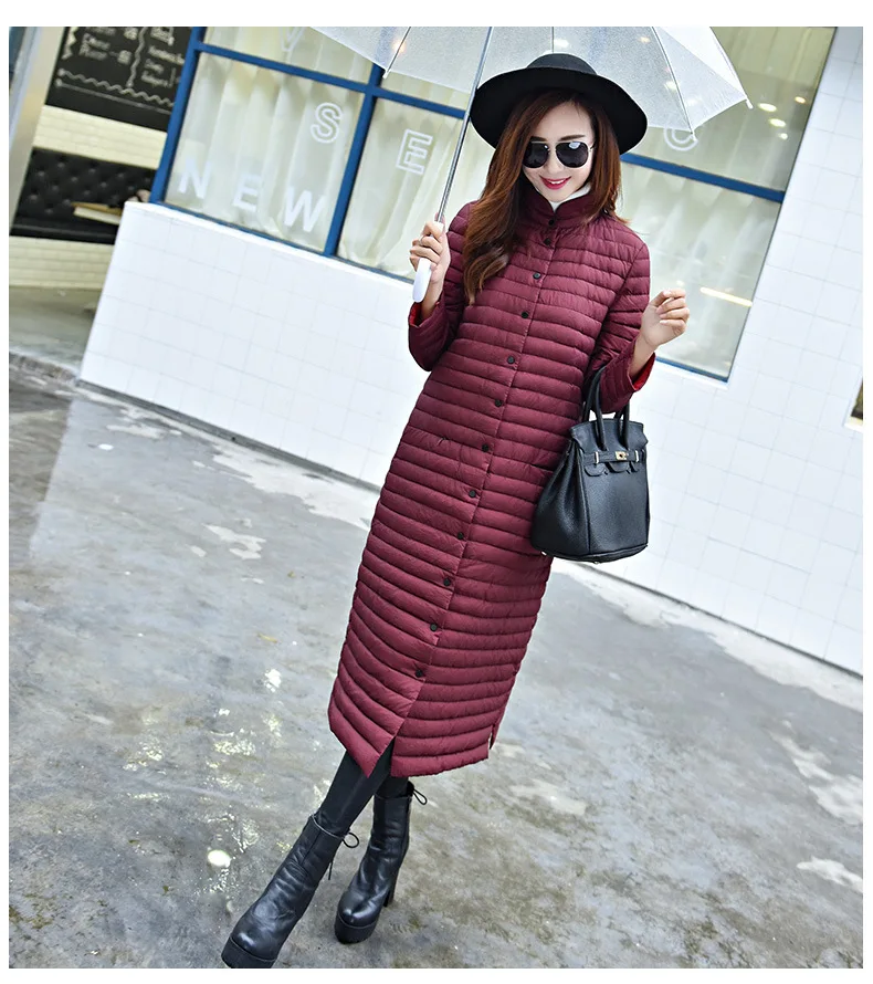 Корейский стиль, застежка-защелка, воротник-стойка, Exta-длинный светильник, пуховик, женский, Южная Корея, ультра-тонкий и светильник, X-long, более-t