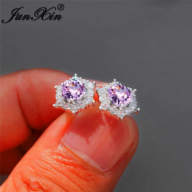 Pink Earrings Женский циркон с радужным блеском, маленькие шестигранные серьги, 925 серебро, красочные, зеленый, фиолетовый, красный камень, снежинка, серьги-гвоздики для женщин - Окраска металла: Pink Earrings
