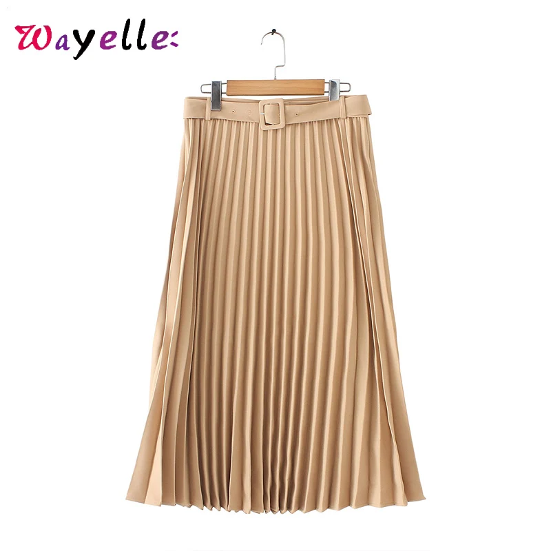 

2019 Autumn Women Basic Pleated Midi Skirt Belt Side Zipper Office Wear Female Skirt Casual Solid Retro Elegant Women Skirts