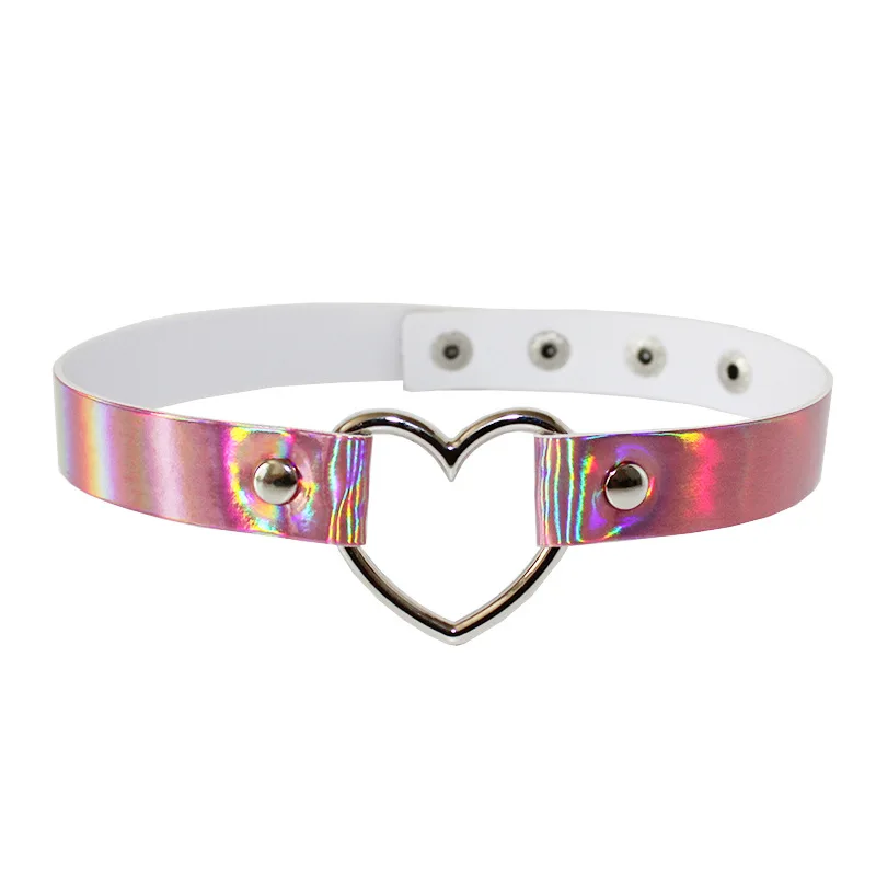 Europe and America Harajuku Laser Heart Love Collar Necklace Fashion Sexy Punk Gothic Adjustable Leather Belt Festivals Jewelry - Metal Color: fencai