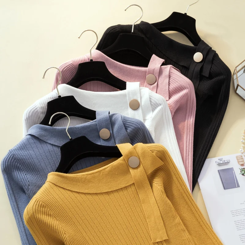 

Slash neck Women Pullovers Sweater New 2019 Knitted Autumn Winter Fashion Sexy Elegant Buttons Casual Ladies Long Sleeve Tops