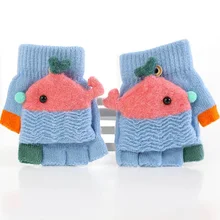 Детские зимние теплые перчатки с открытыми пальцами, вязаные детские перчатки с рисунком птицы, перчатки с откидной крышкой для мальчиков и девочек, варежки, От 4 до 8 лет