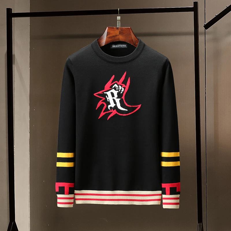 

Seestern brand Men's sweater knitting Color matching Letter R stripe flame fashion autumn winter man leisure sweater Pullover