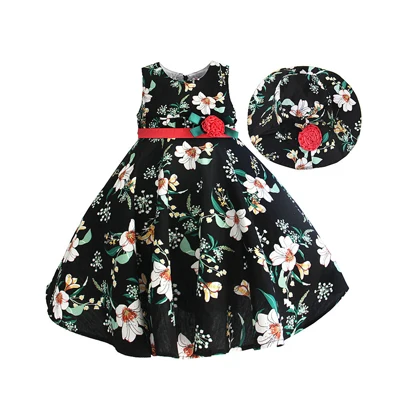 Hetiso/летние платья для девочек с шляпой и цветочным принтом; детская одежда; модная школьная одежда с бантом; vestidos От 3 до 7 лет - Цвет: as picture