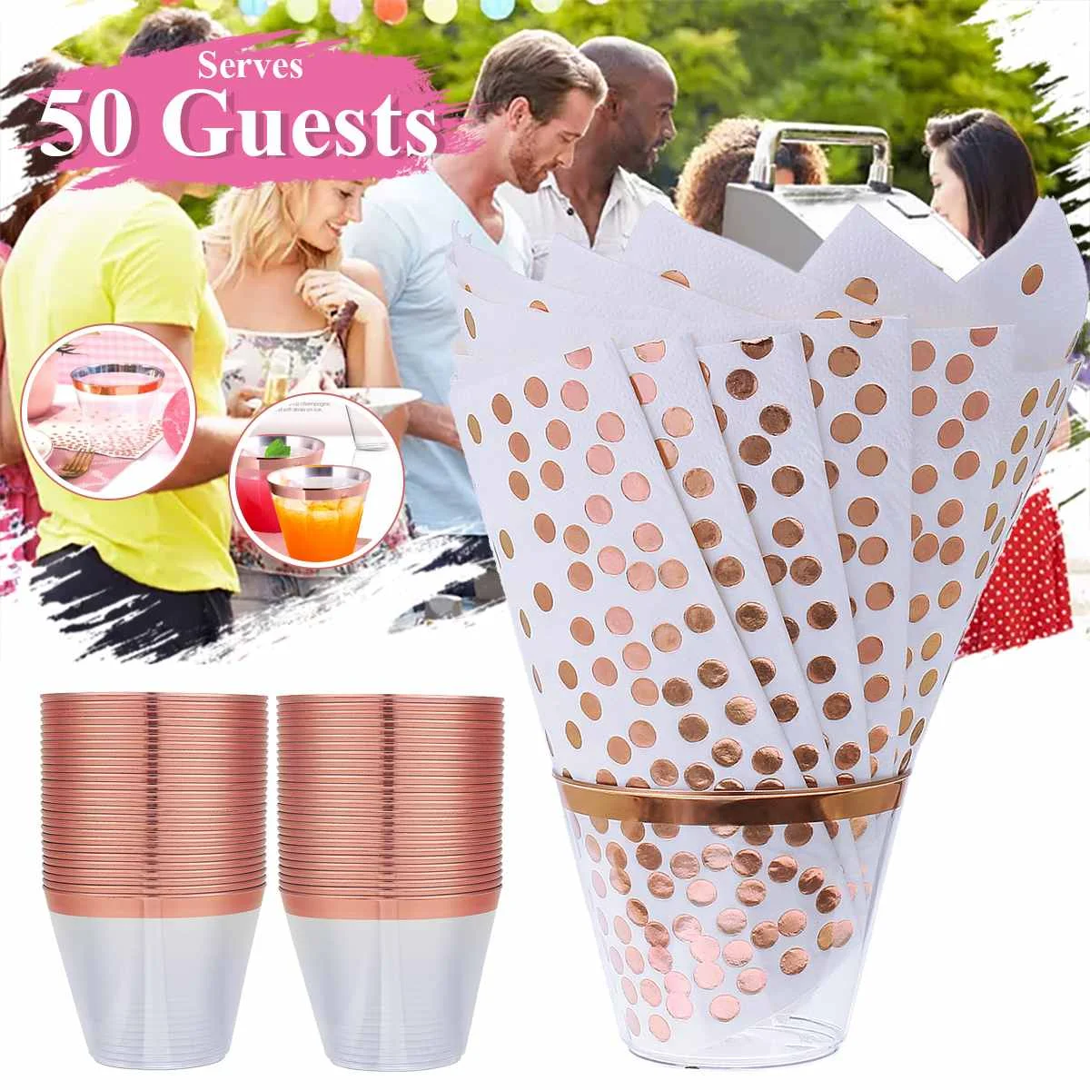 

100Pcs/set Rose gold/Gold Plastic Cup Dots Paper Birthday Party Wedding Decorations Disposable Tableware Paper Napkin