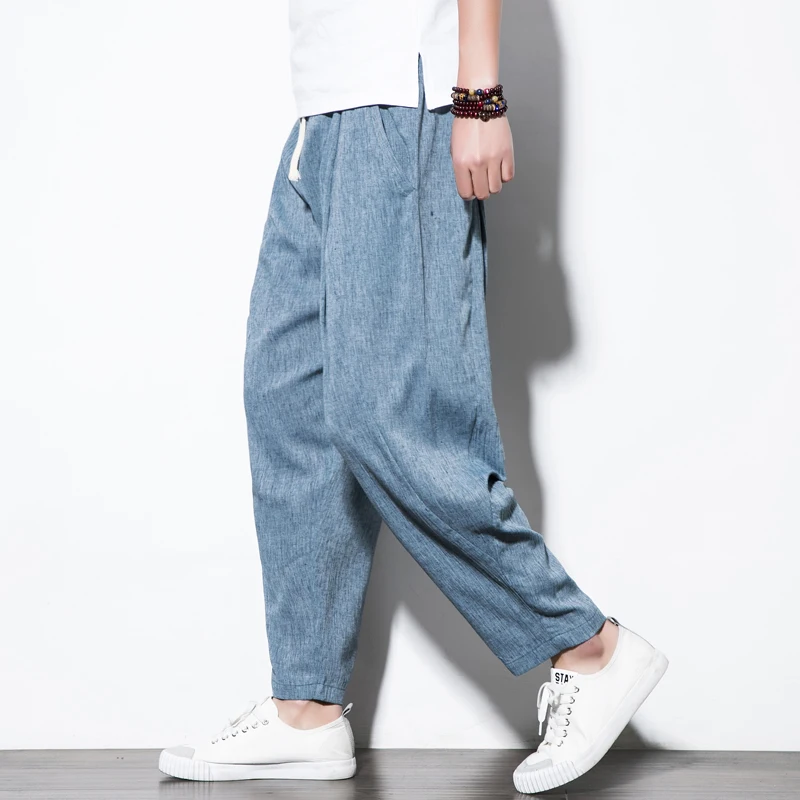 

Chinese style linen loose Plus size Harajuku simple thin men's pants / 2019 summer harem nine pants Asian size M-5XL