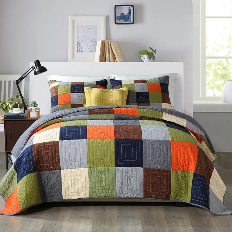 

Handmade Patchwork Bedspread Quilt Set Queen King Size 100% Cotton 3pcs Bed Cover Coverlet Pillowcase Blanket American Style