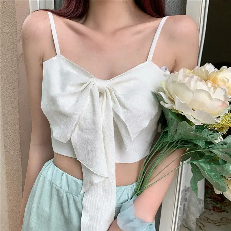 New Summer Womens Clothes Bow Straped Solid Pattern Knitted Camis Girls Lady Elegant Camisoles Tops Crop Top